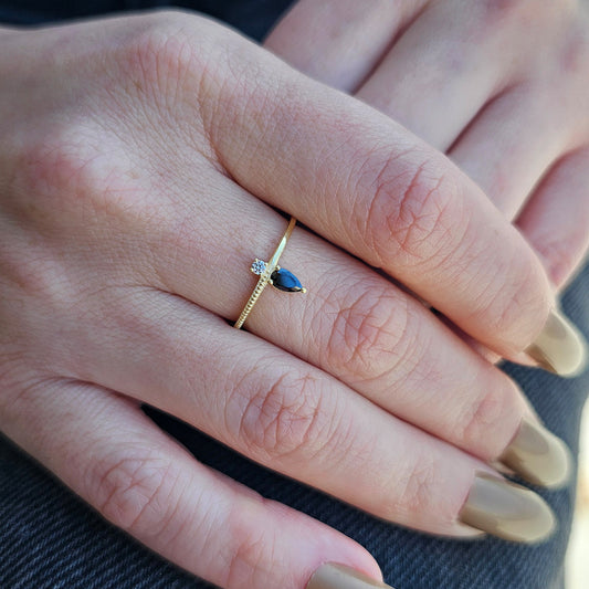 18K Gold Dainty Pear Black Onyx and Cz Ring - 2S294BLK