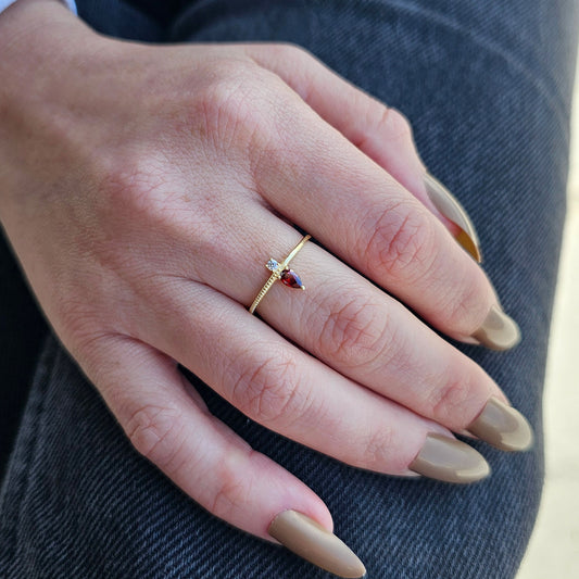 18K Gold Pear Cut Garnet and Cz Ring - 2S294GAR