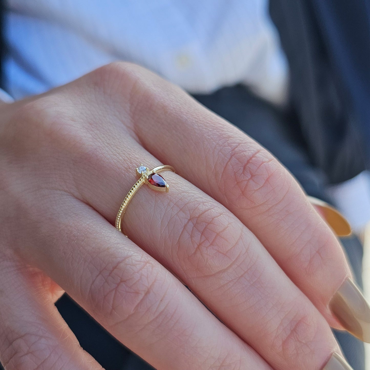 18K Gold Pear Cut Garnet and Cz Ring - 2S294GAR