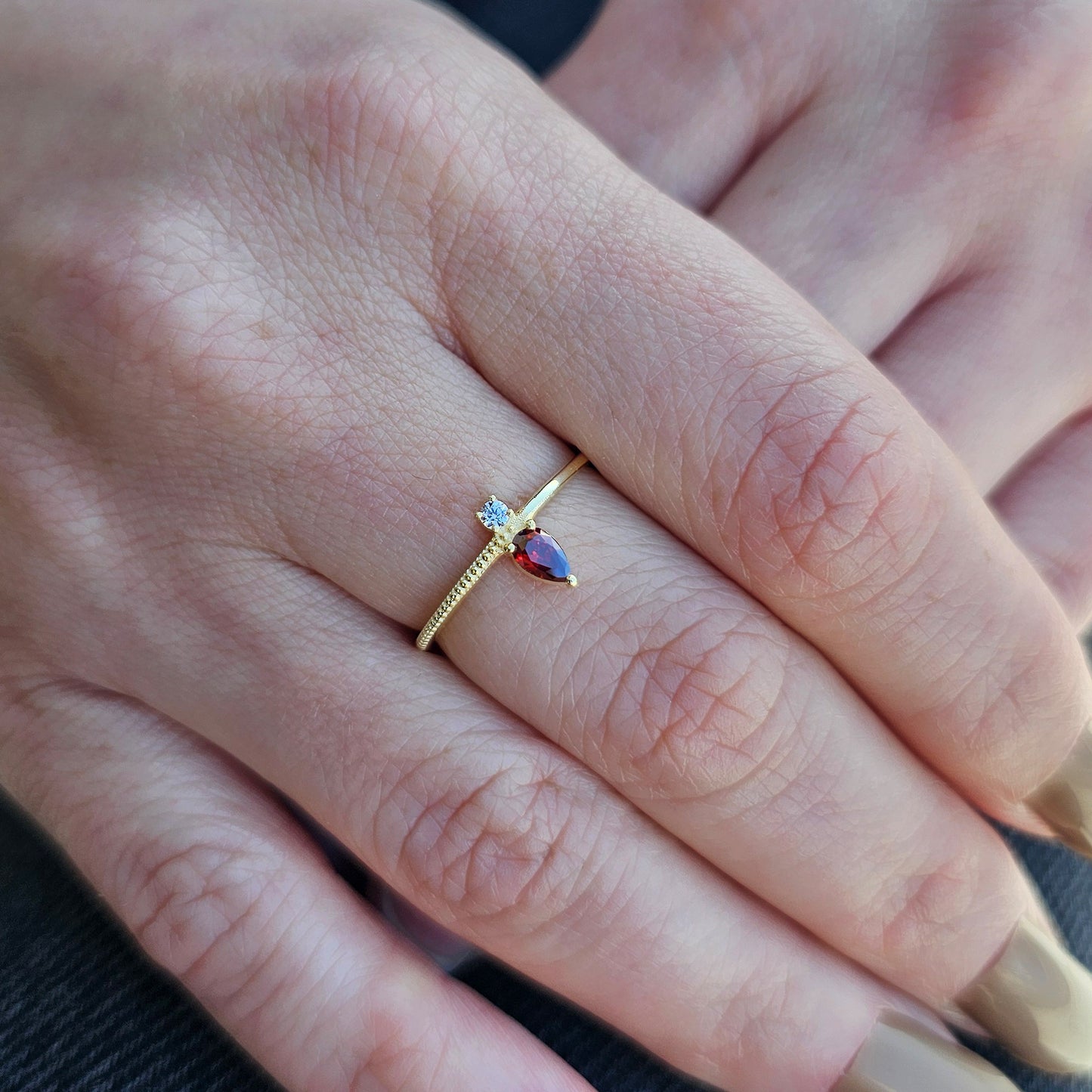 18K Gold Pear Cut Garnet and Cz Ring - 2S294GAR
