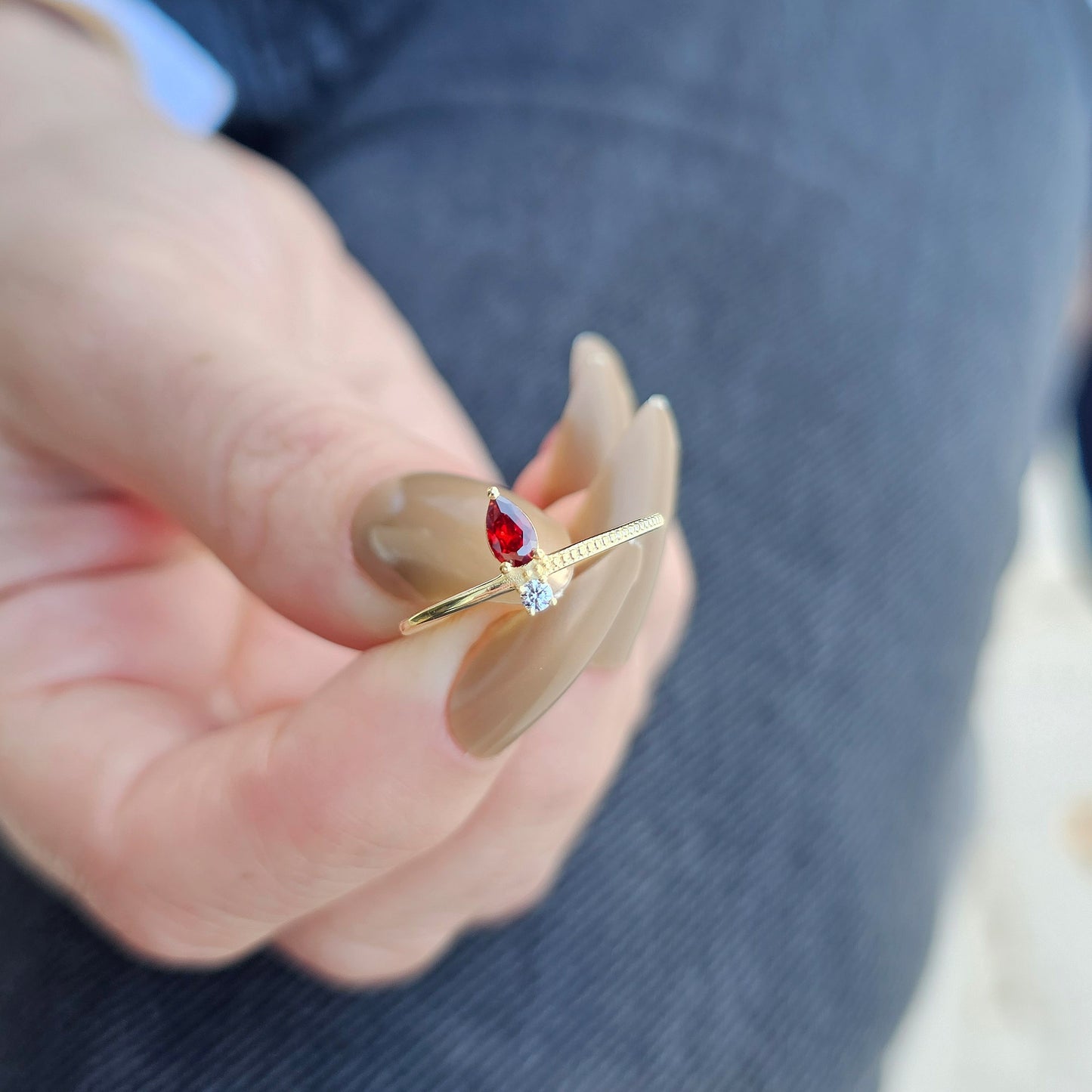 18K Gold Pear Cut Garnet and Cz Ring - 2S294GAR