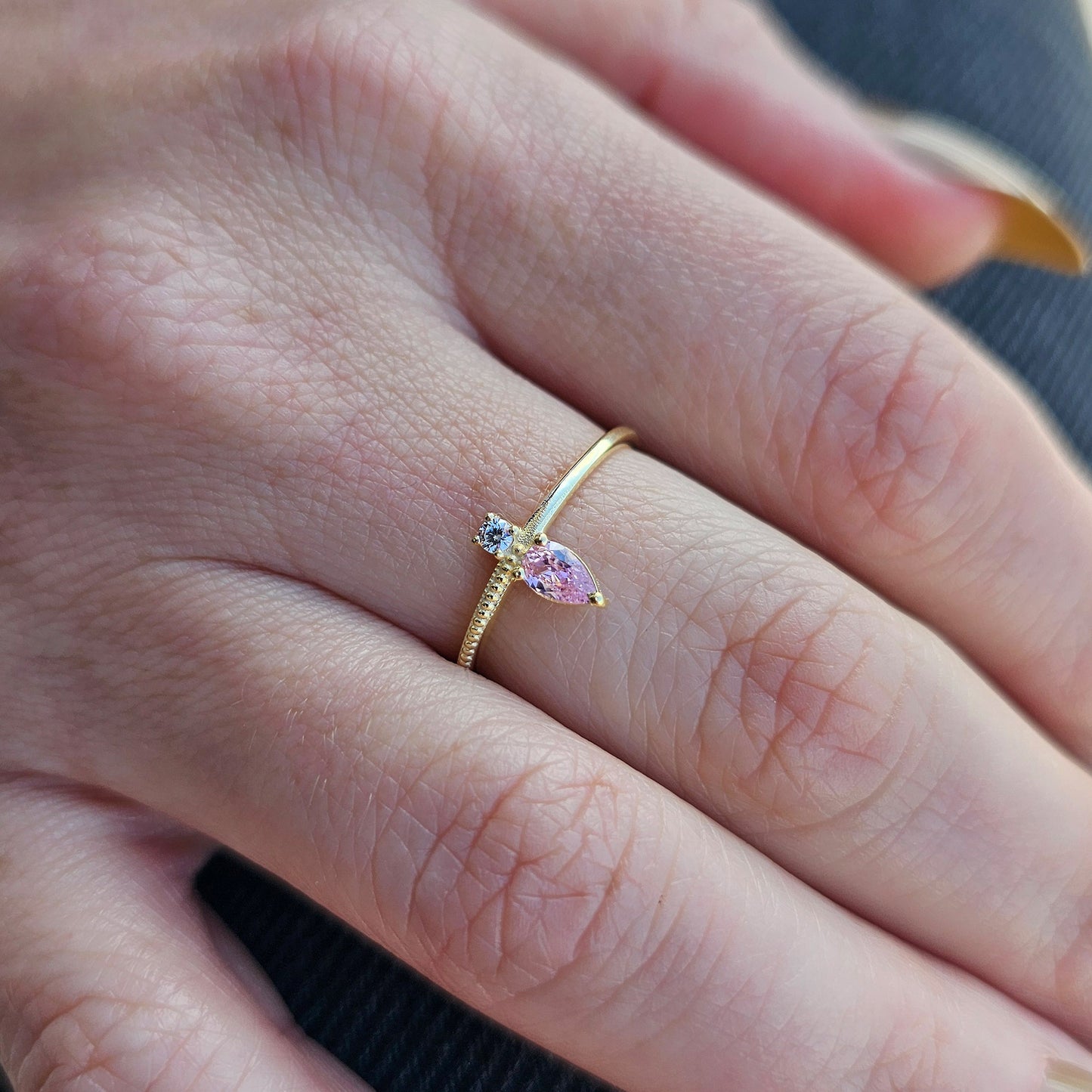 18K Gold Pear Cut Pink and Cz Ring - 2S294PNK