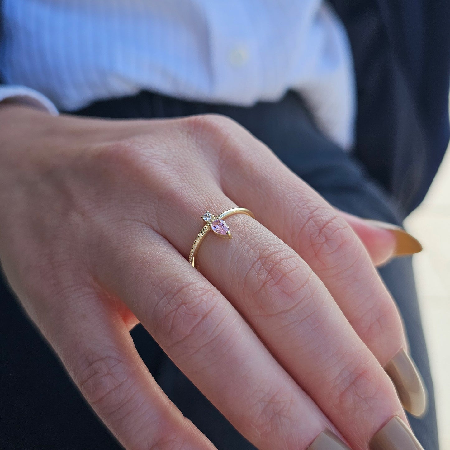 18K Gold Pear Cut Pink and Cz Ring - 2S294PNK