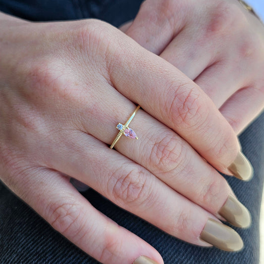 18K Gold Pear Cut Pink and Cz Ring - 2S294PNK