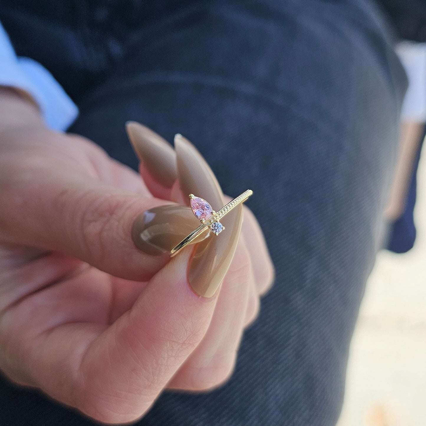 18K Gold Pear Cut Pink and Cz Ring - 2S294PNK