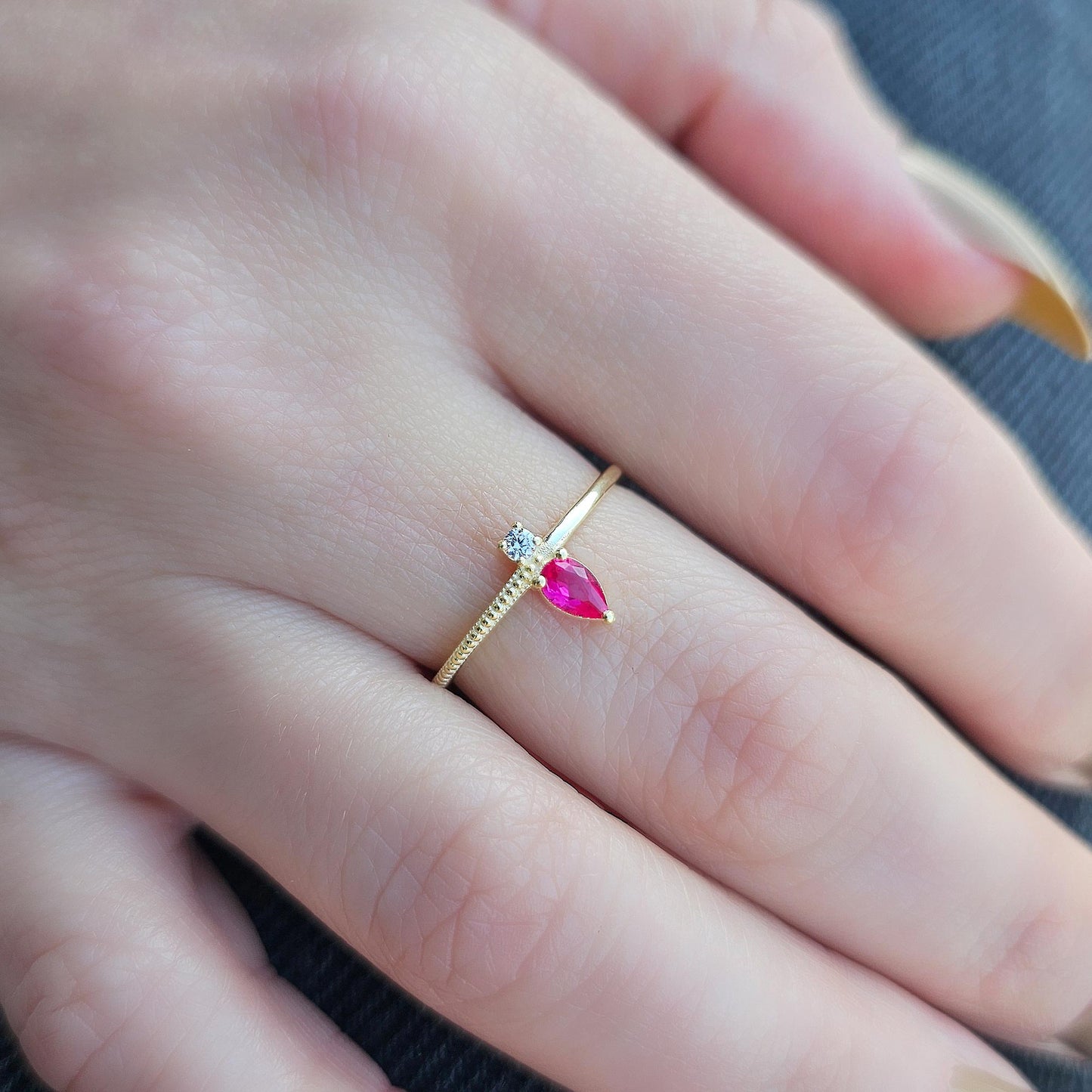 18K Gold Pear Cut Ruby and Cz Ring - 2S294RBY