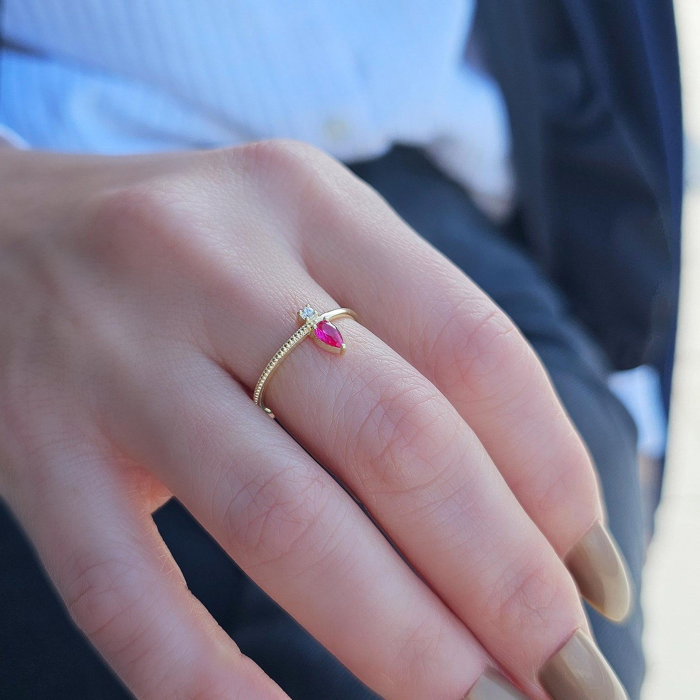 18K Gold Pear Cut Ruby and Cz Ring - 2S294RBY