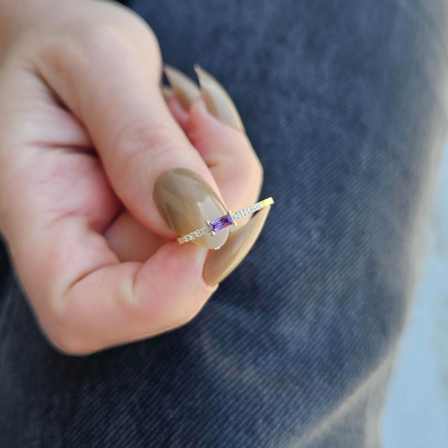 18K Gold Baguette Amethsyt and CZ Ring - 2S2AME