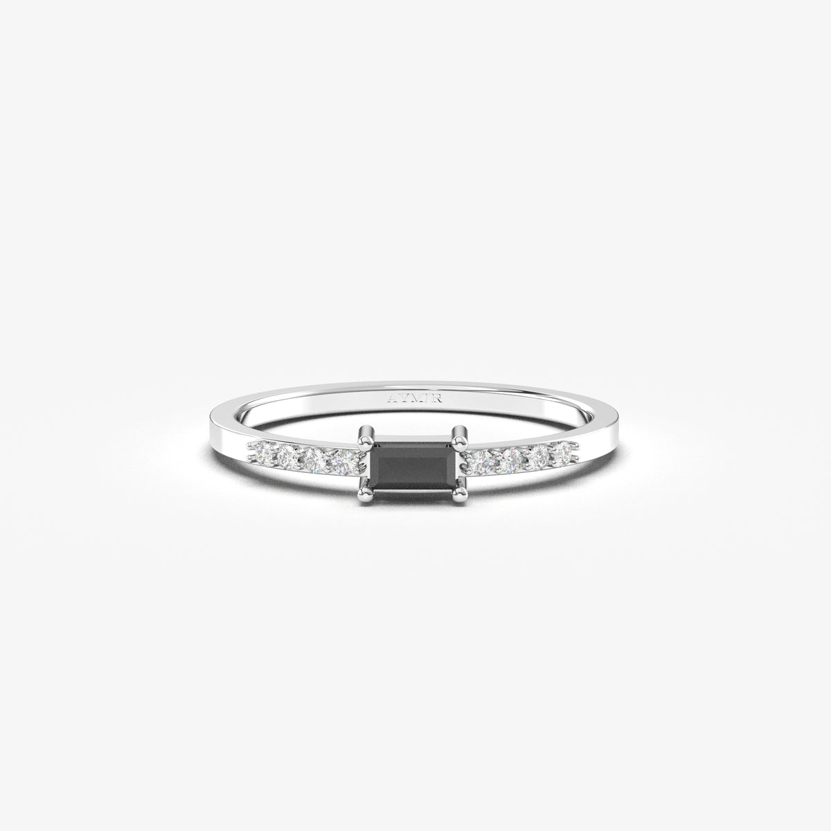 White gold black-stone baguette ring, front view
