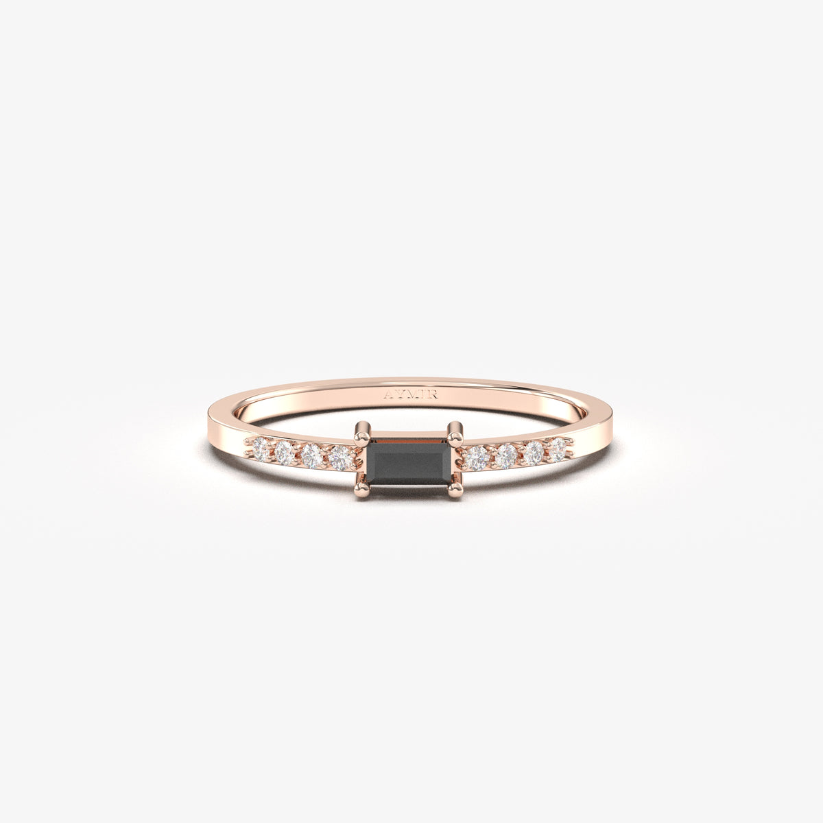 Rose gold black-stone baguette ring, front view