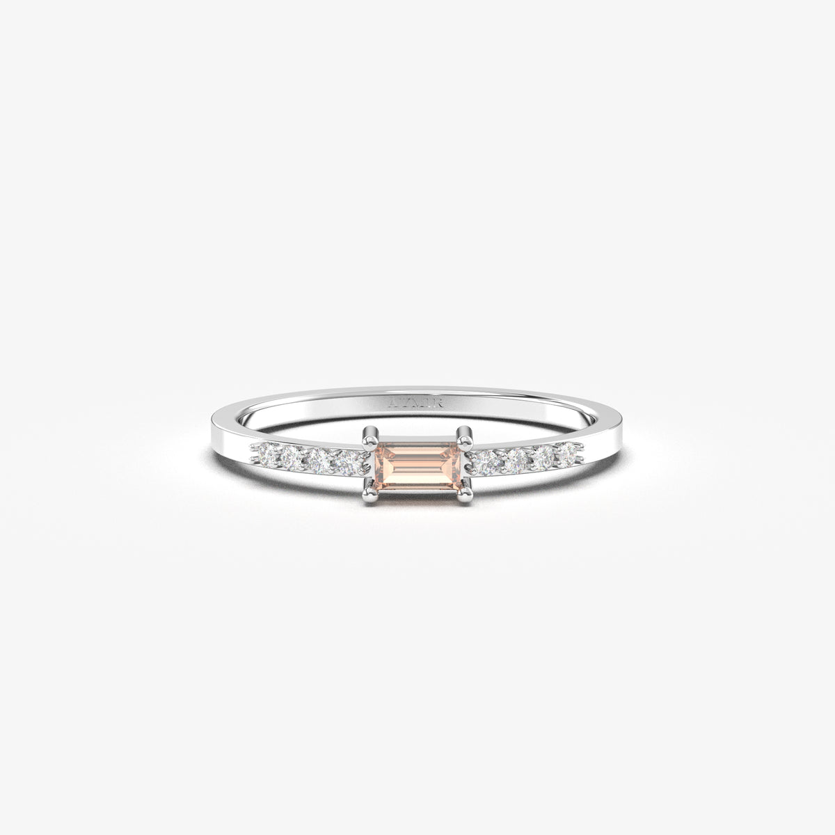 White gold champagne-stone baguette ring, front view