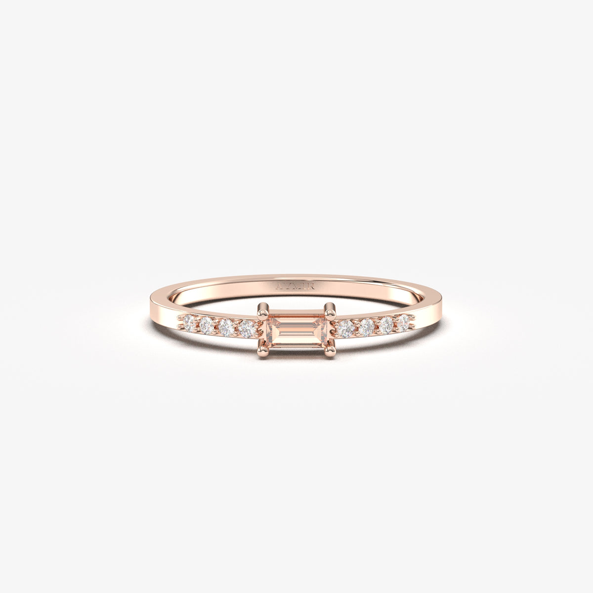 Rose gold champagne-stone baguette ring, front view