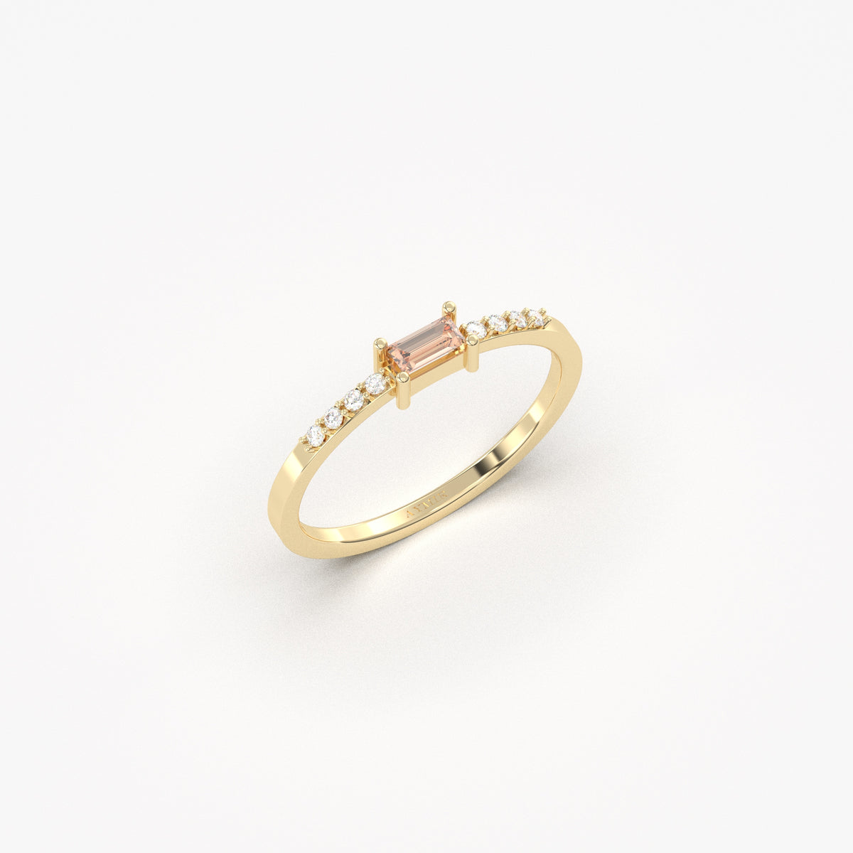Yellow gold champagne-stone baguette ring, angled view