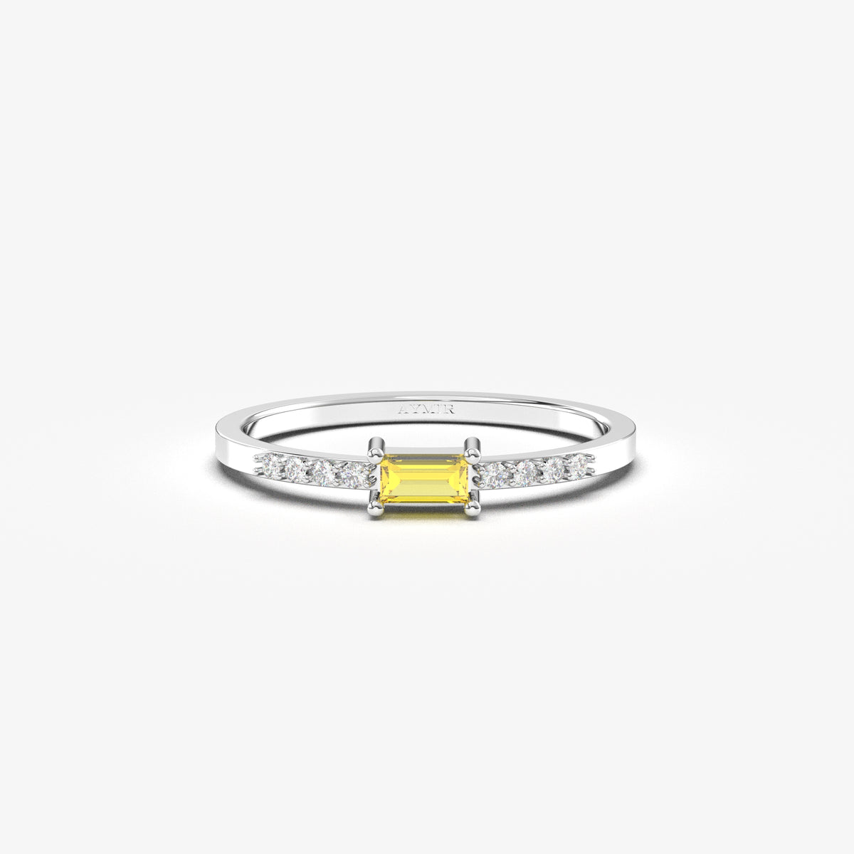 White gold yellow-stone baguette ring, front view