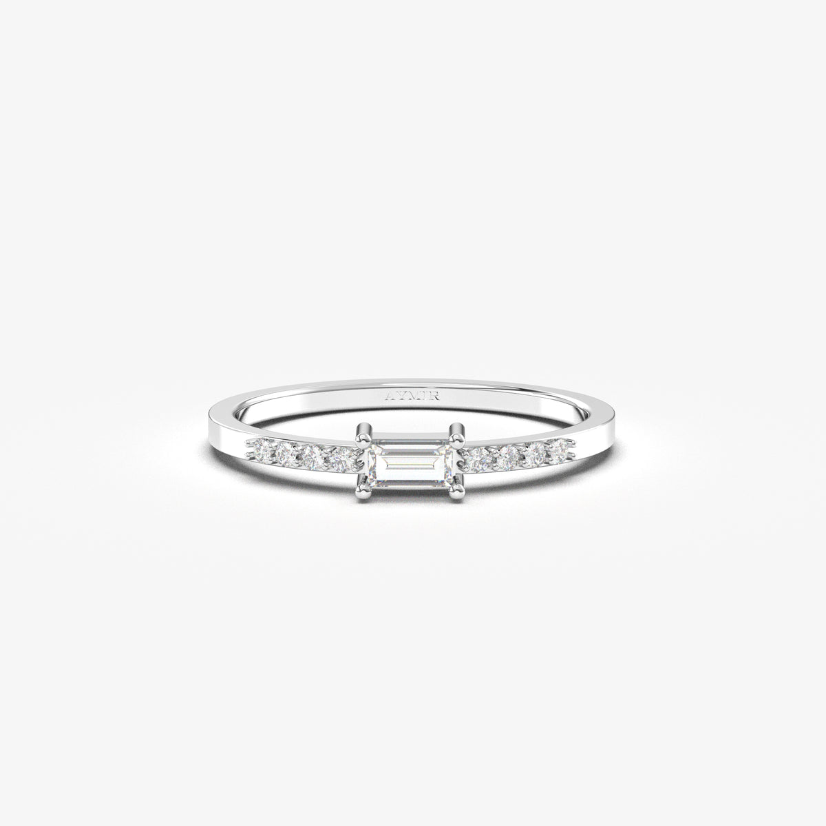 18K white gold east-west baguette ring with natural diamonds, front view