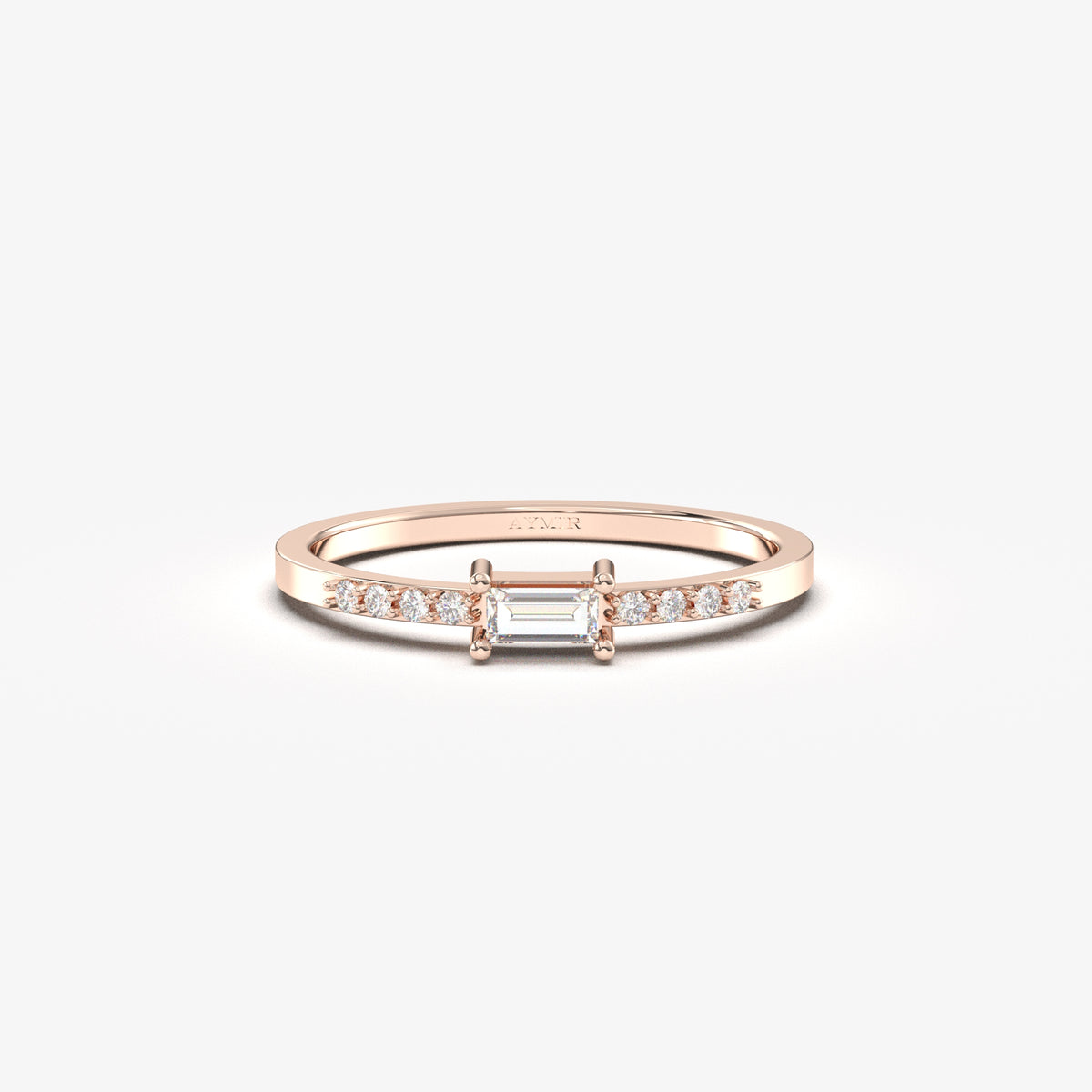14K rose gold east-west baguette ring with natural diamonds, front view