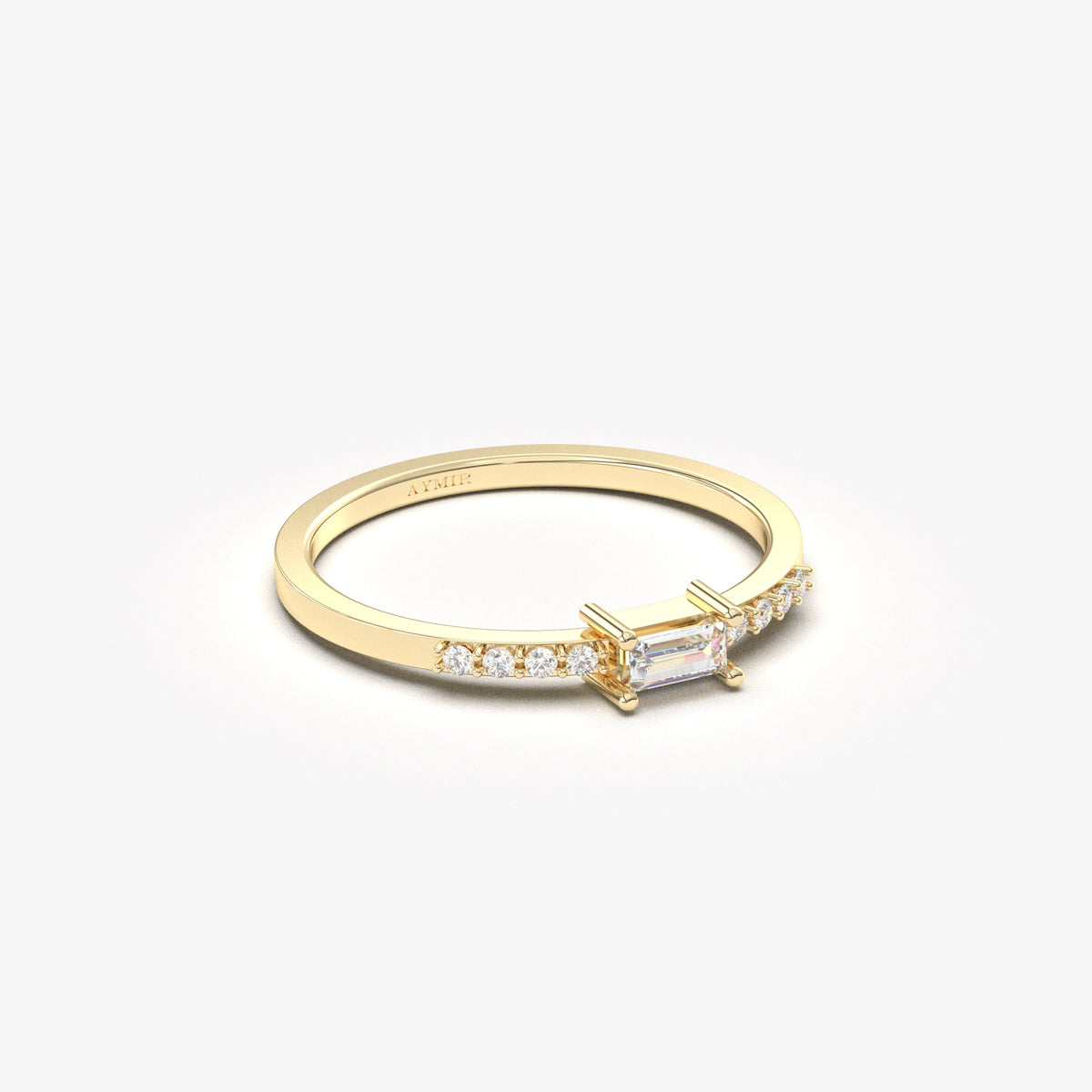 18K yellow gold east-west baguette ring with natural diamonds, side view