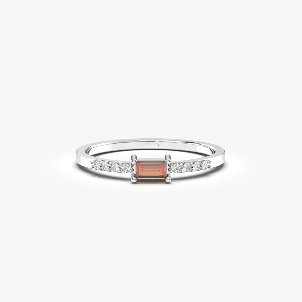 White gold dark-red-stone baguette ring, front view