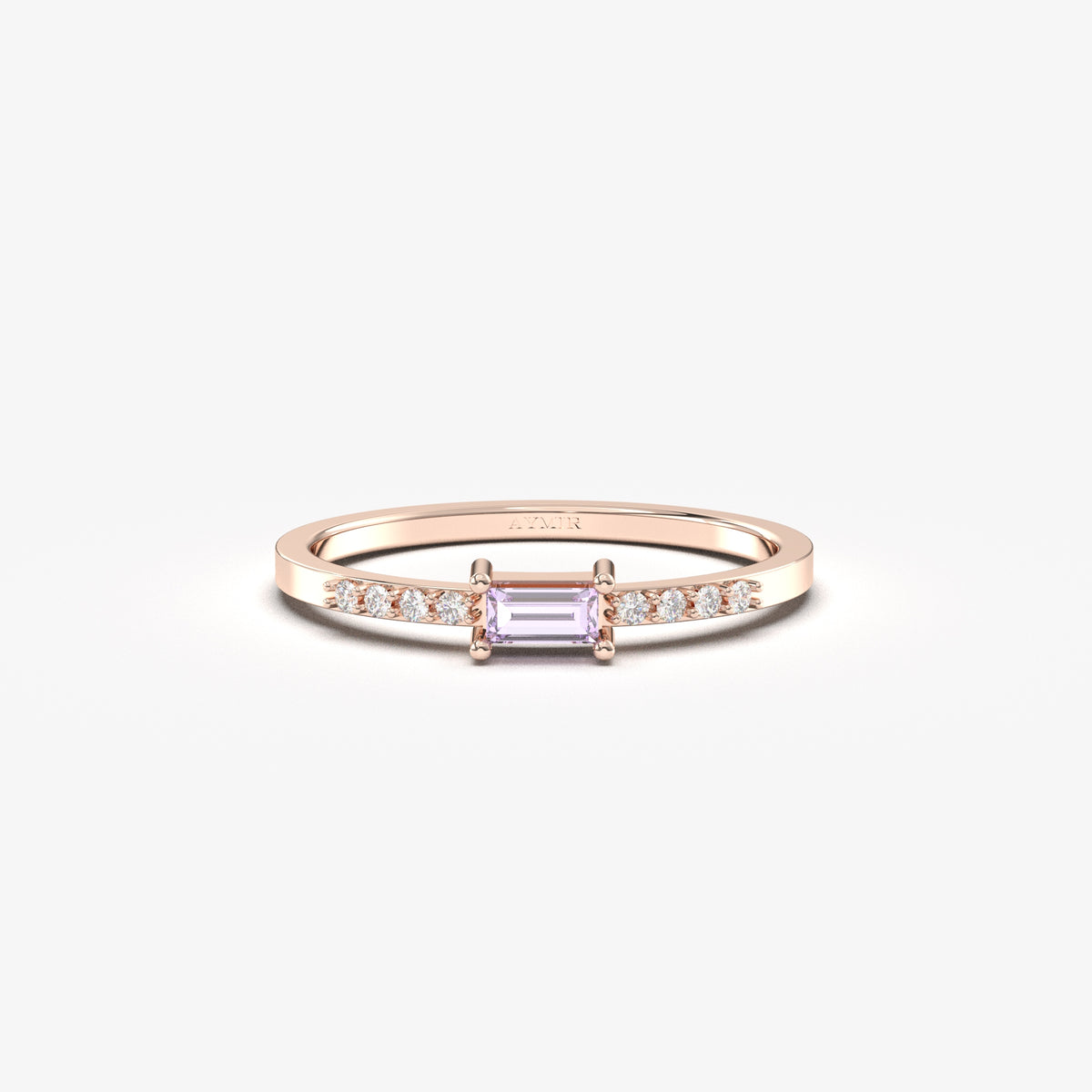Rose gold lavender-stone baguette ring, front view