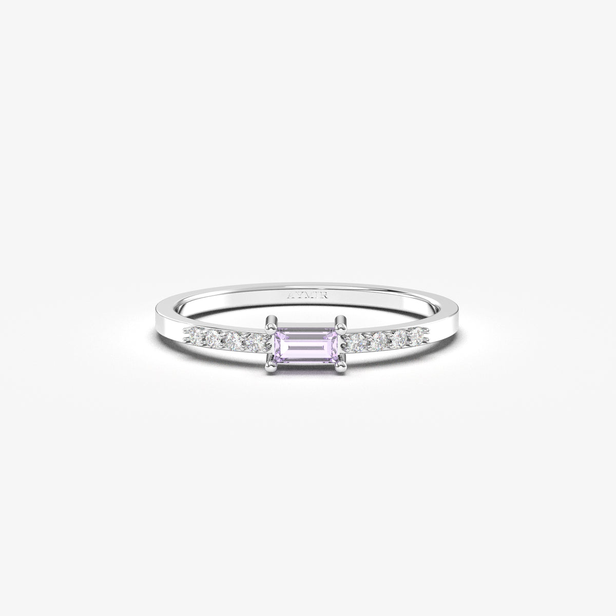 White gold lavender-stone baguette ring, front view