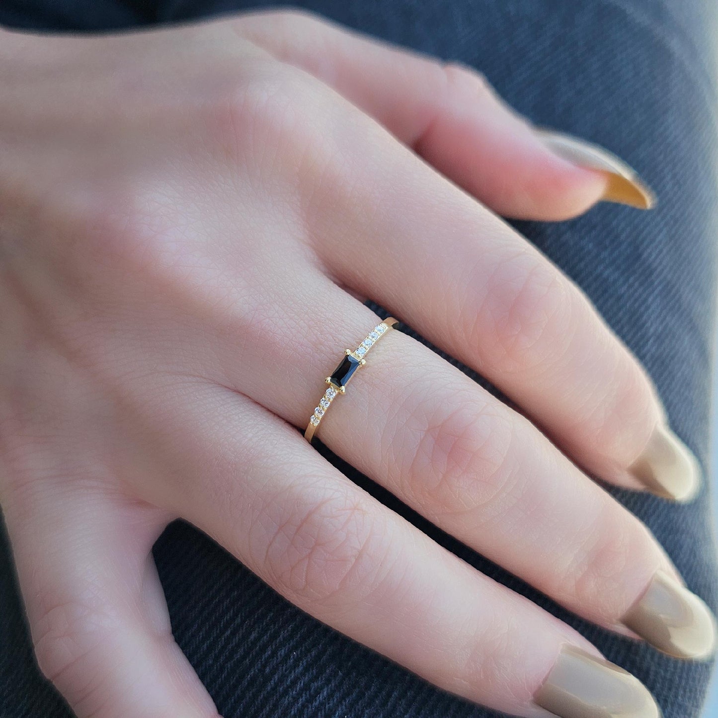 18K Gold Baguette Cut Black Onyx and Cz Ring - 2S2BLK