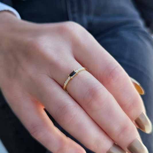 18K Gold Baguette Cut Black Onyx and Cz Ring - 2S2BLK