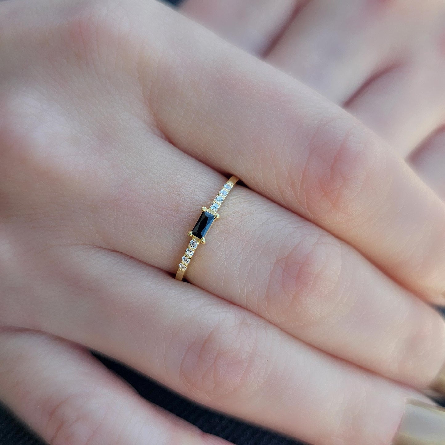 18K Gold Baguette Cut Black Onyx and Cz Ring - 2S2BLK