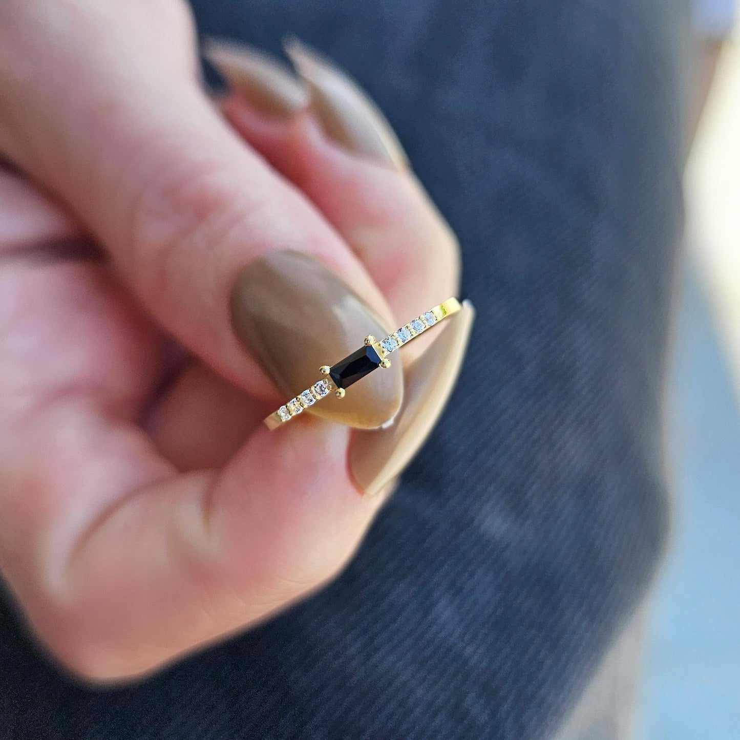 18K Gold Baguette Cut Black Onyx and Cz Ring - 2S2BLK