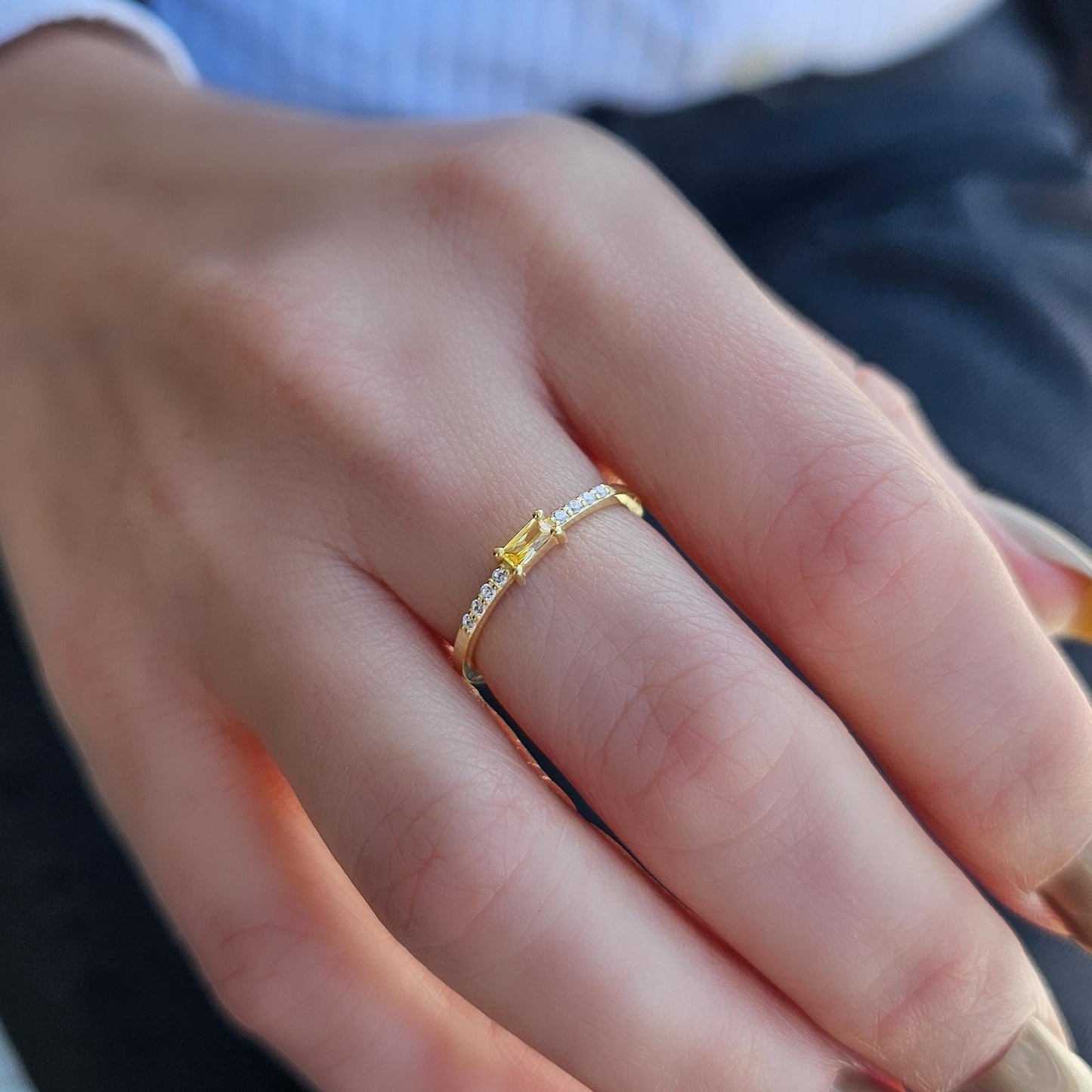18K Gold Baguette Cut Citrine and Cz Ring - 2S2CIT