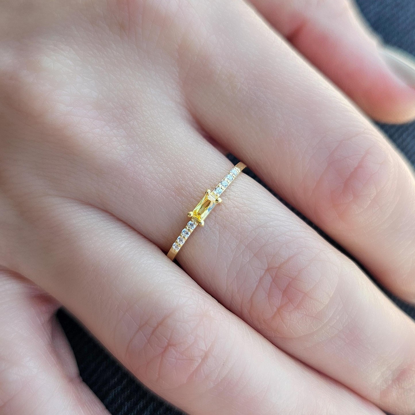 18K Gold Baguette Cut Citrine and Cz Ring - 2S2CIT