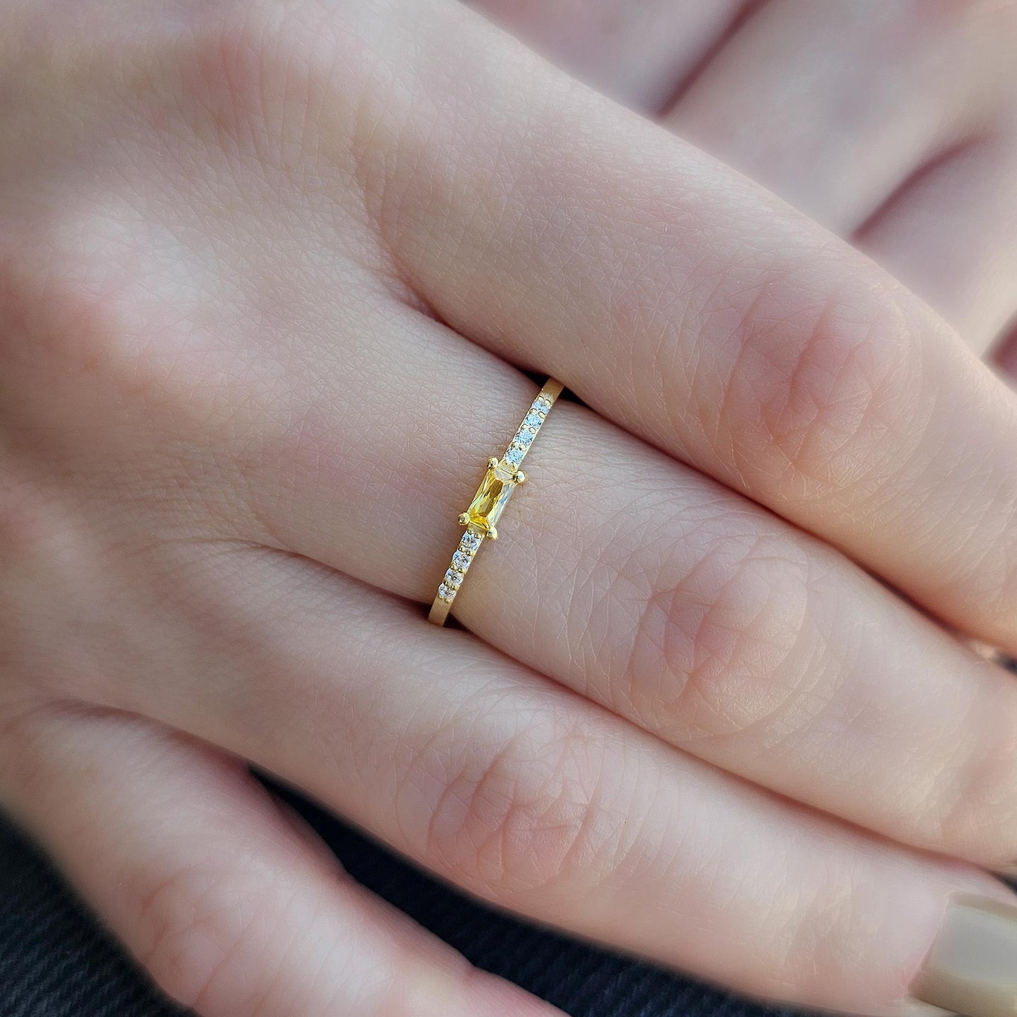 18K Gold Baguette Cut Citrine and Cz Ring - 2S2CIT