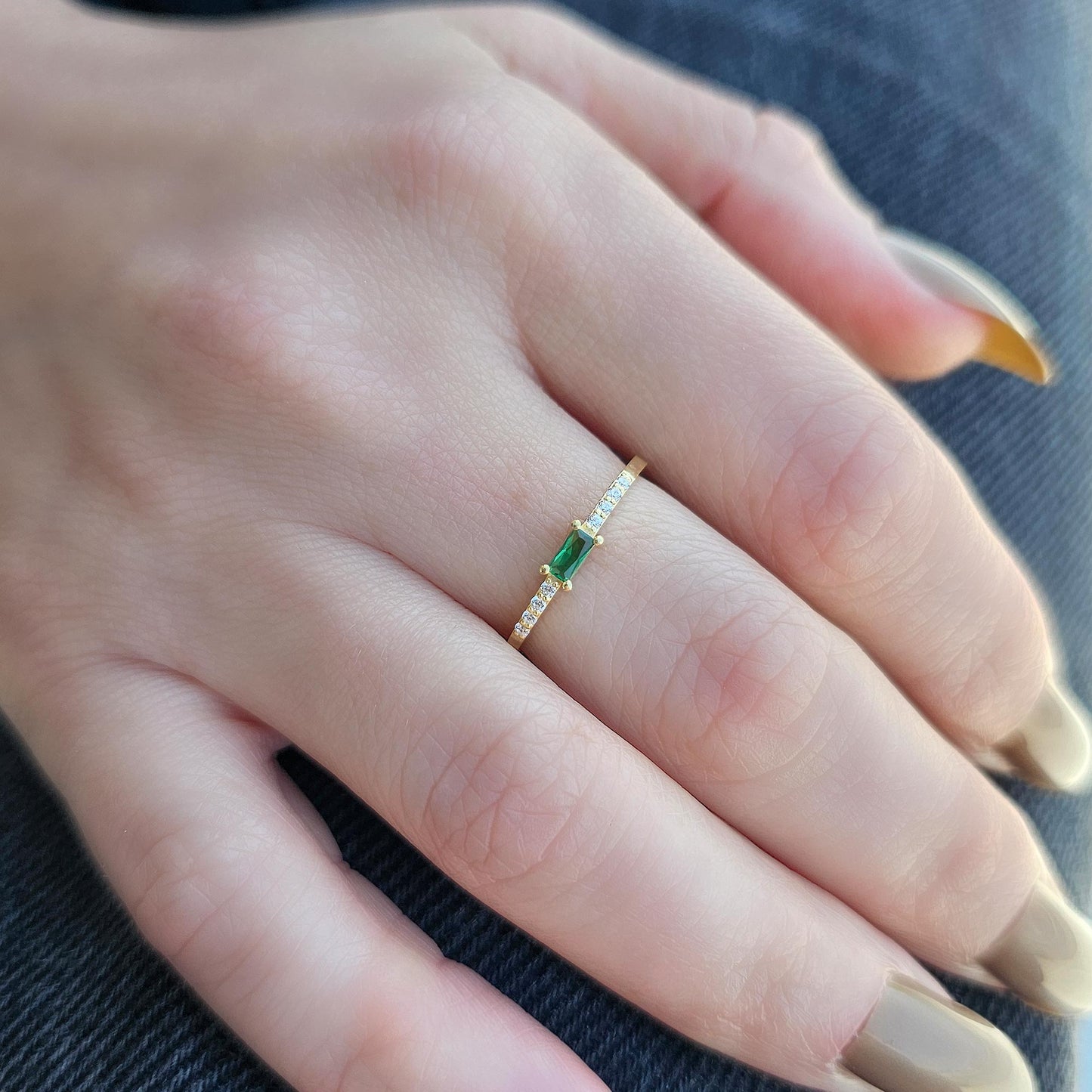 18K Gold Emerald Baguette and Cz Ring - 2S2EME