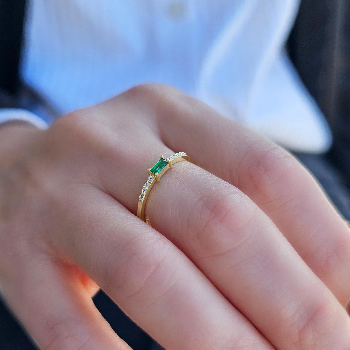 18K Gold Emerald Baguette and Cz Ring - 2S2EME