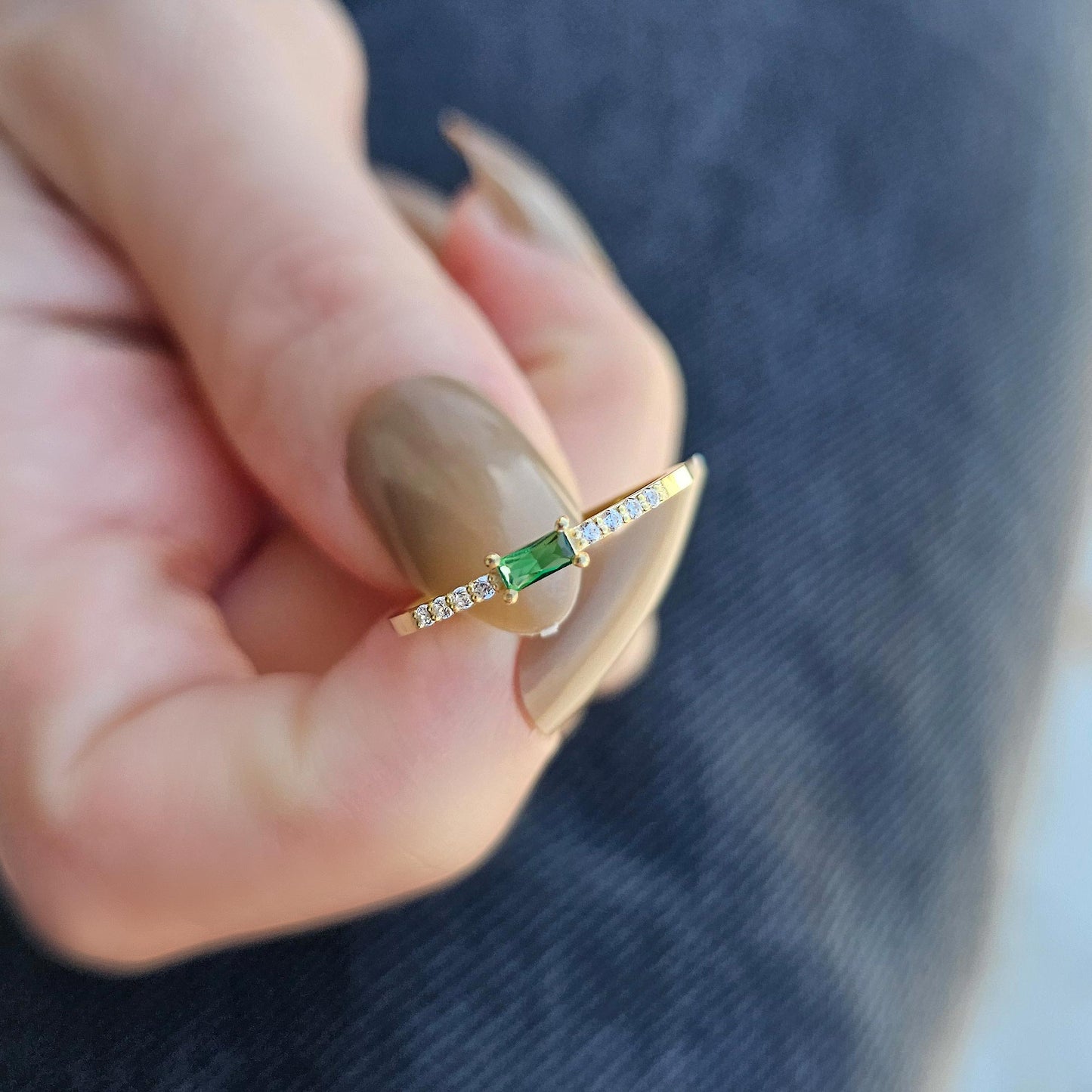 18K Gold Emerald Baguette and Cz Ring - 2S2EME
