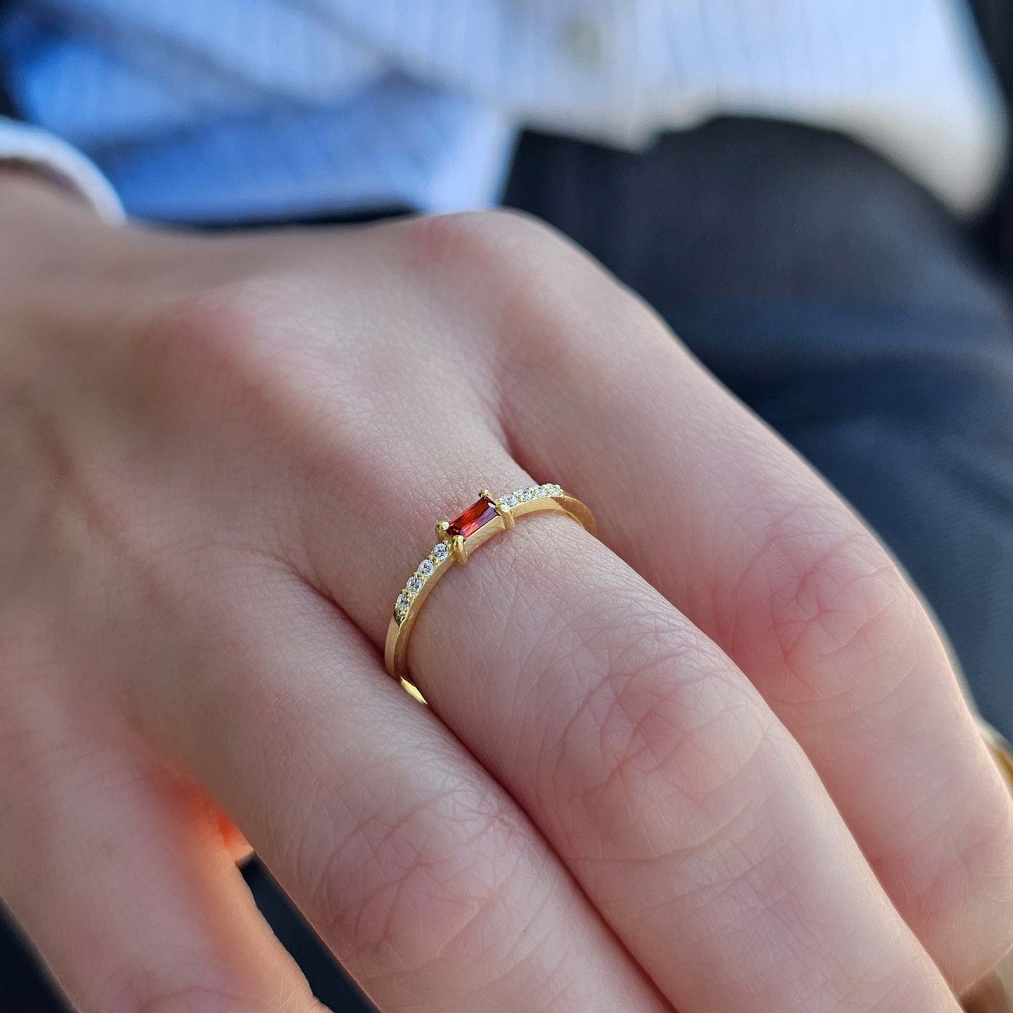 18K Gold Garnet Baguette and Cz Ring - 2S2GAR