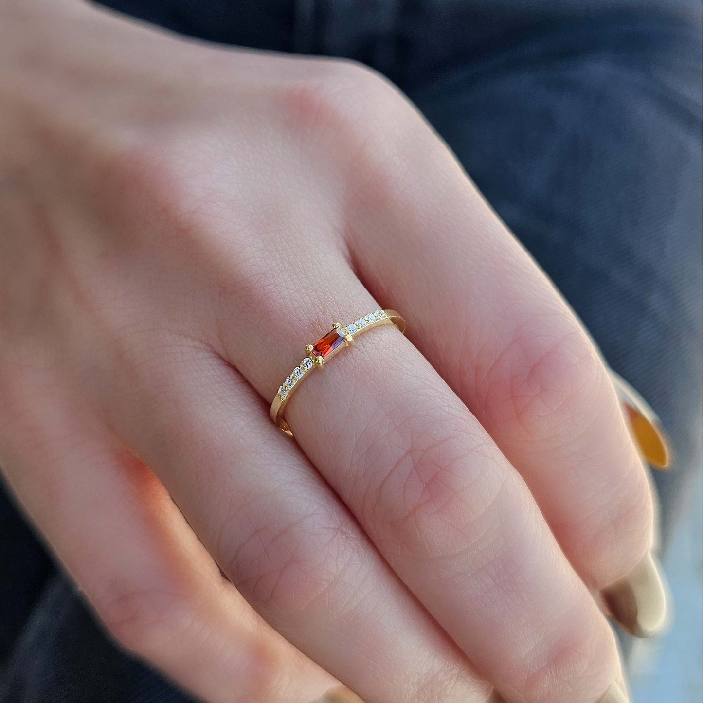18K Gold Garnet Baguette and Cz Ring - 2S2GAR