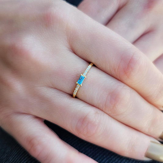18K Gold Minimalist Baguette Sky Blue and Cz Ring - 2S2SKY