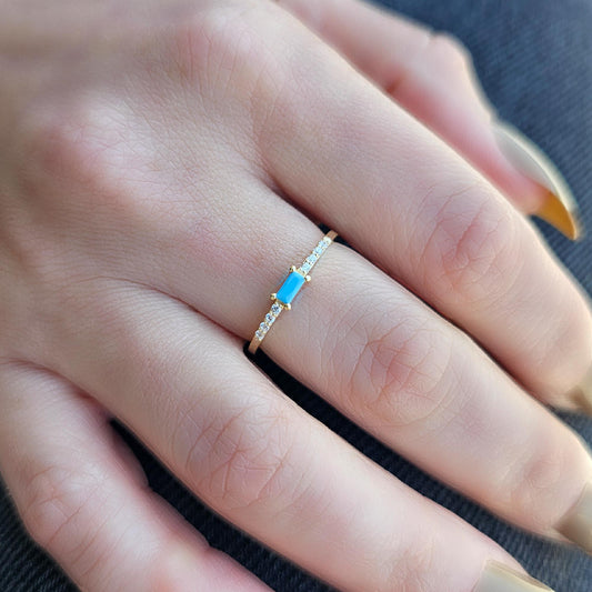 18K Gold Minimalist Baguette Turquoise and Diamond Ring - 2S2TURQ