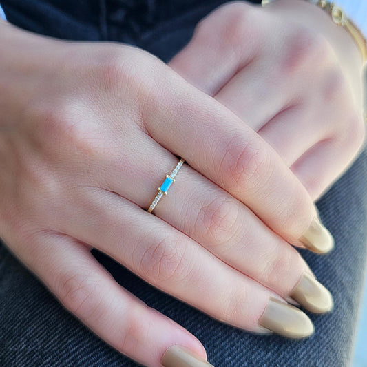 18K Gold Minimalist Baguette Turquoise and Cz Ring - 2S2TURQ