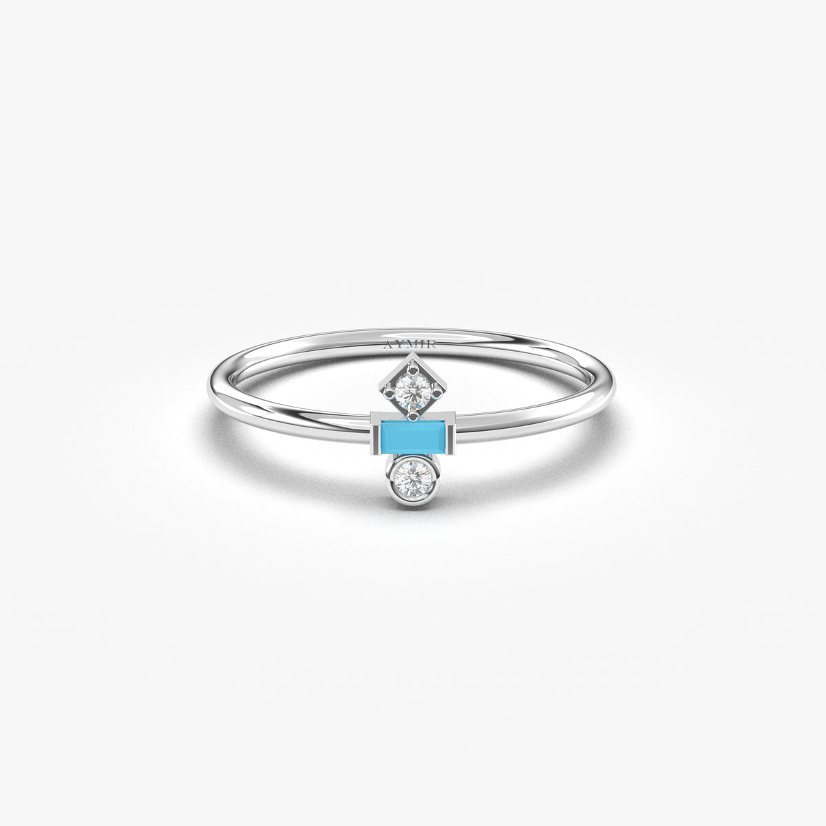 White gold turquoise-stone baguette ring, front view