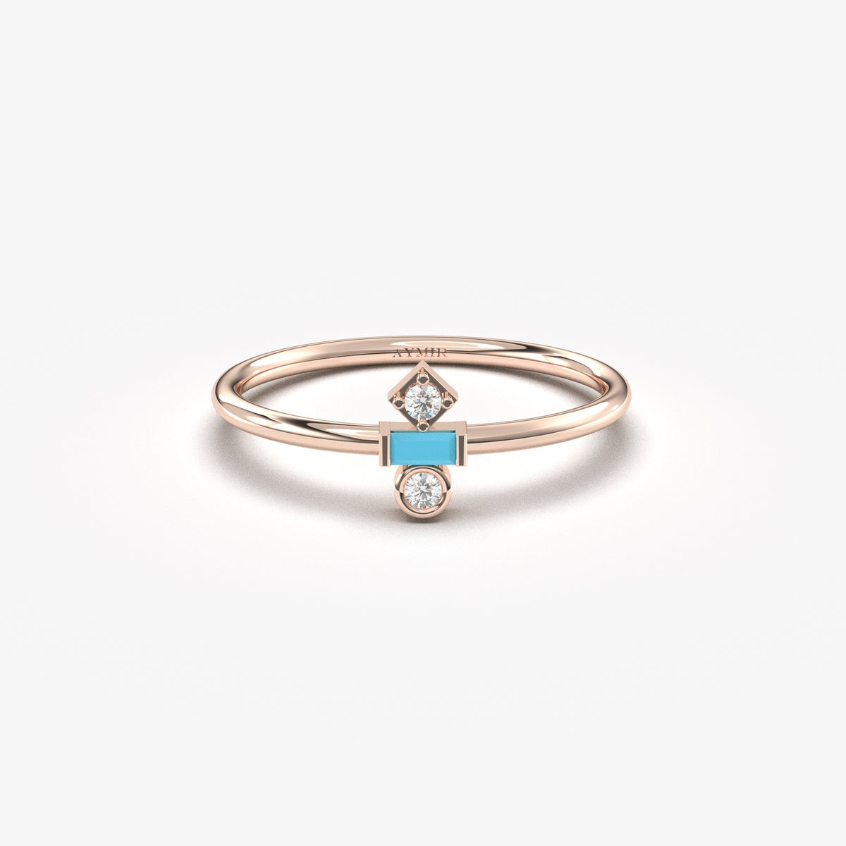 Rose gold turquoise-stone baguette ring, front view