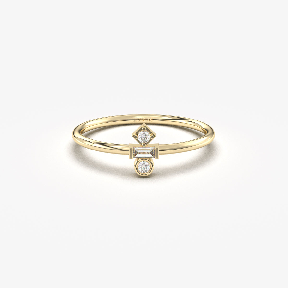 Yellow gold three-stone baguette ring, front view