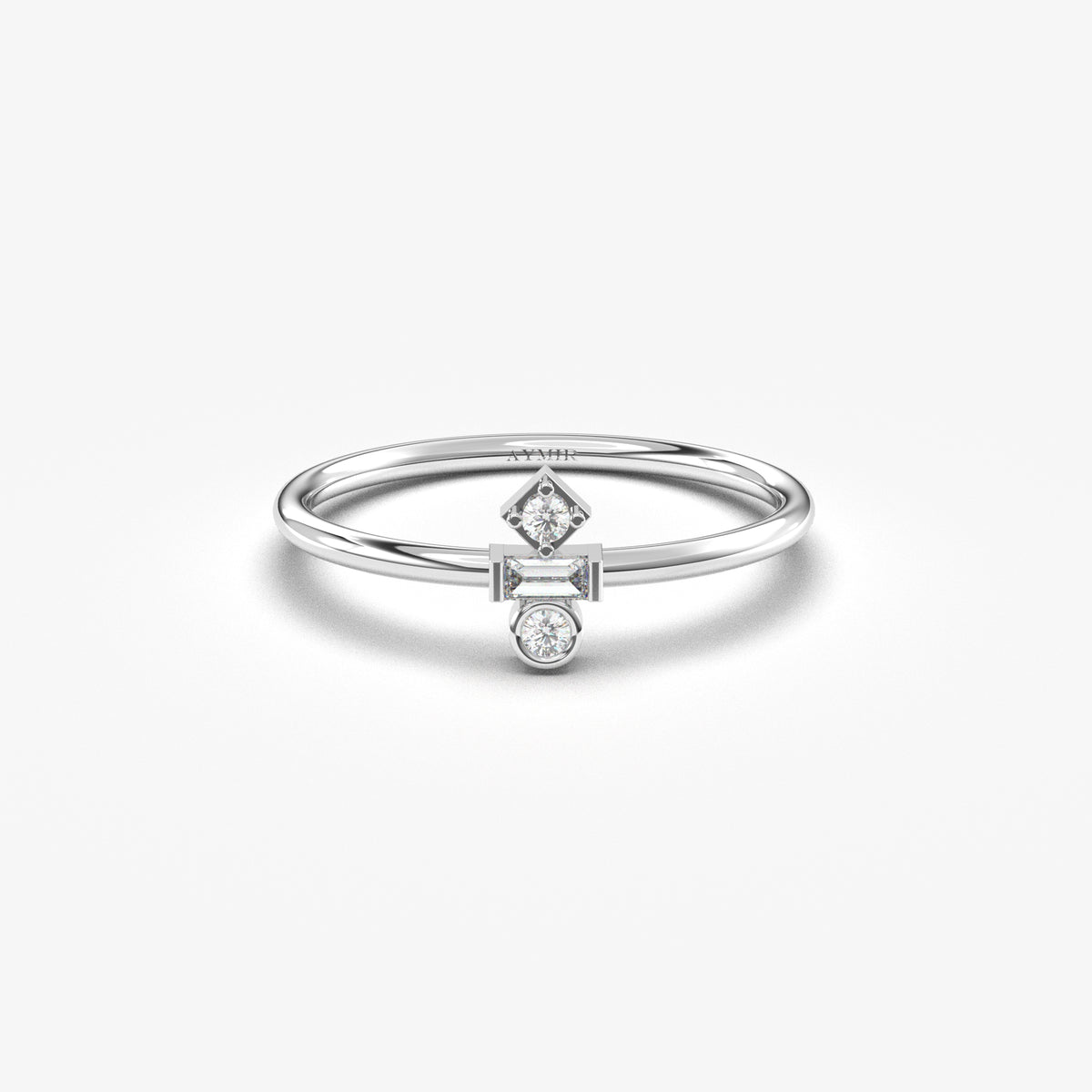 White gold three-stone baguette ring, front view