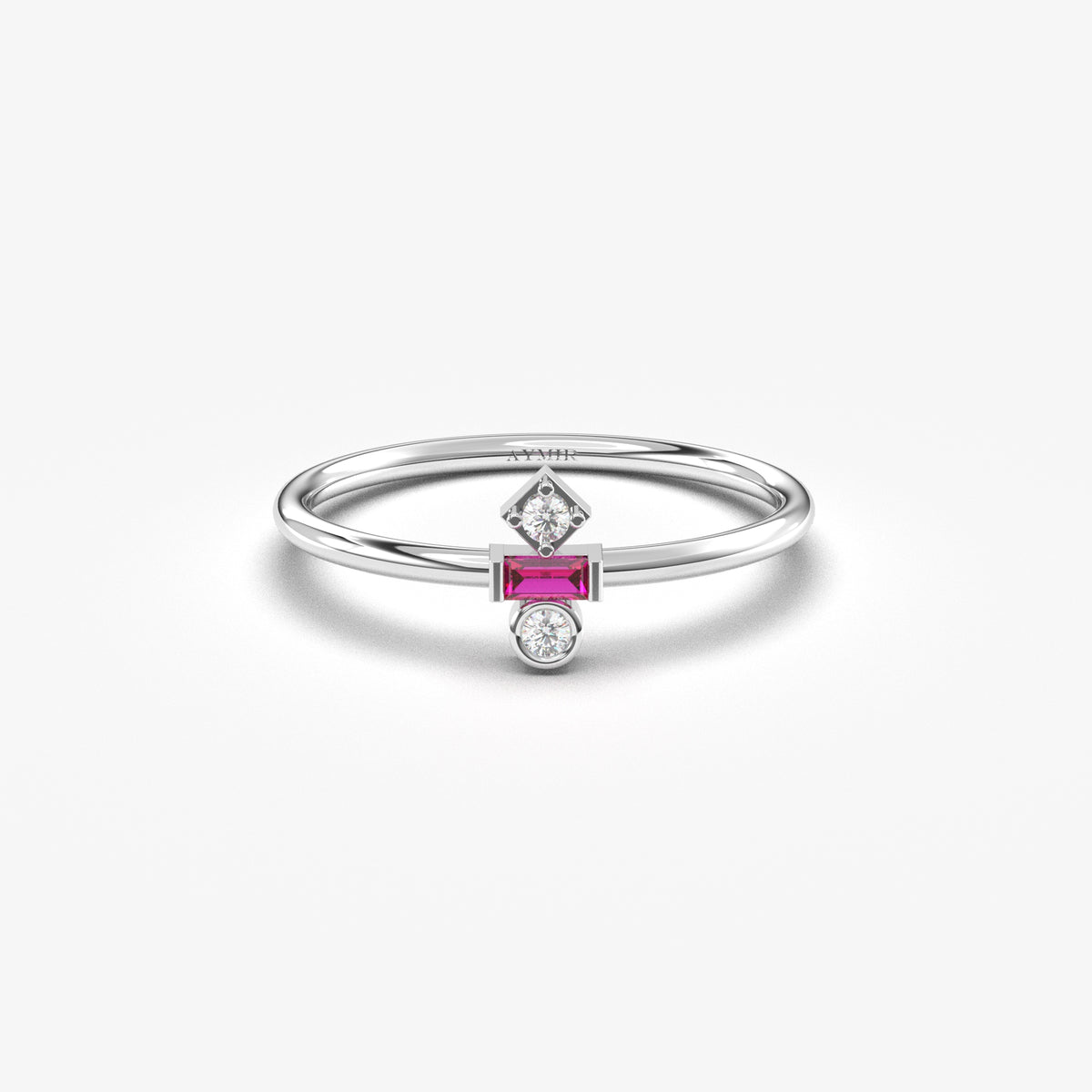 White gold red-stone baguette ring, front view