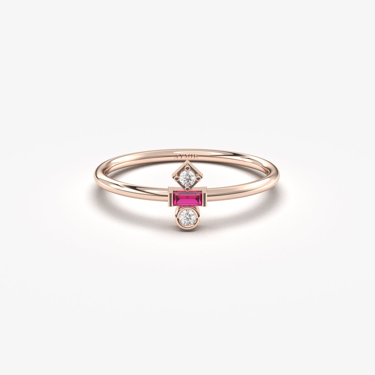 Rose gold red-stone baguette ring, front view