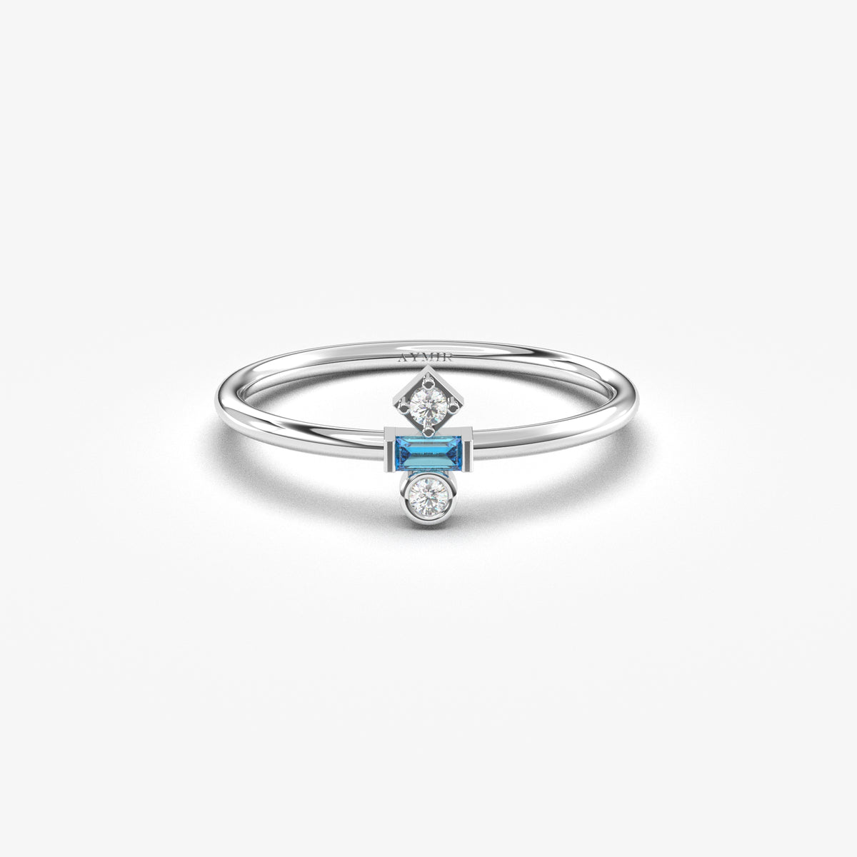 White gold light-blue-stone baguette ring, front view