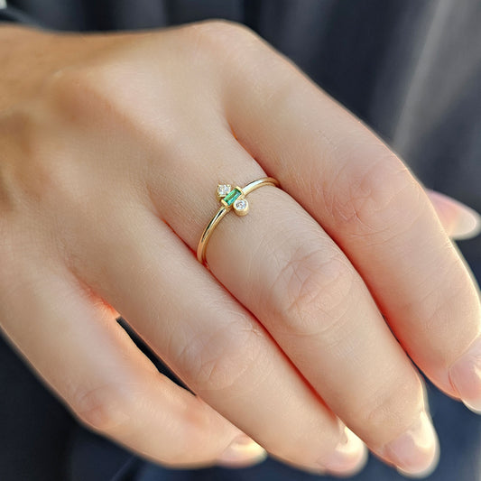 18K Gold Baguette Cut Emerald and Cz Ring - 2S35EME