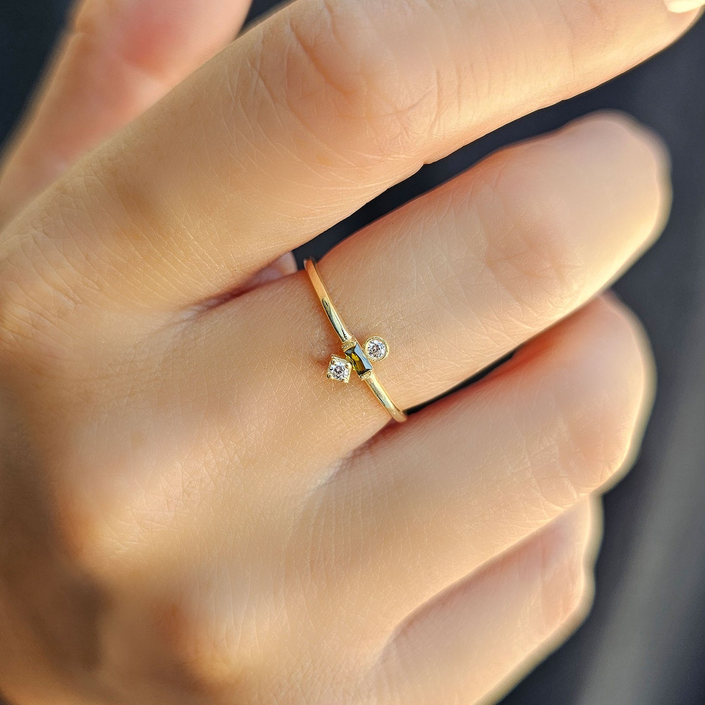 18K Gold Baguette Cut Peridot and Cz Ring - 2S35PER