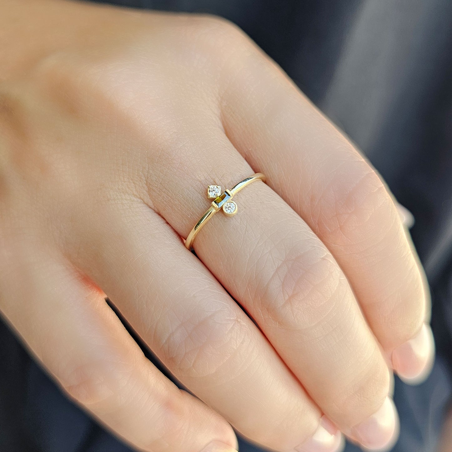 18K Gold Baguette Cut Peridot and Cz Ring - 2S35PER