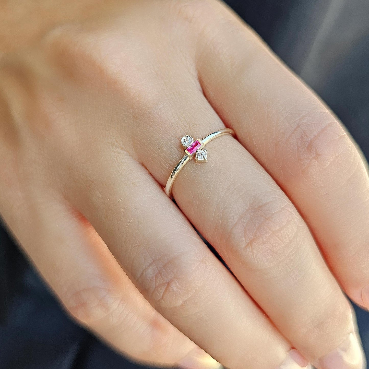 18K Gold Baguette Cut Ruby and Cz Ring - 2S35RBY